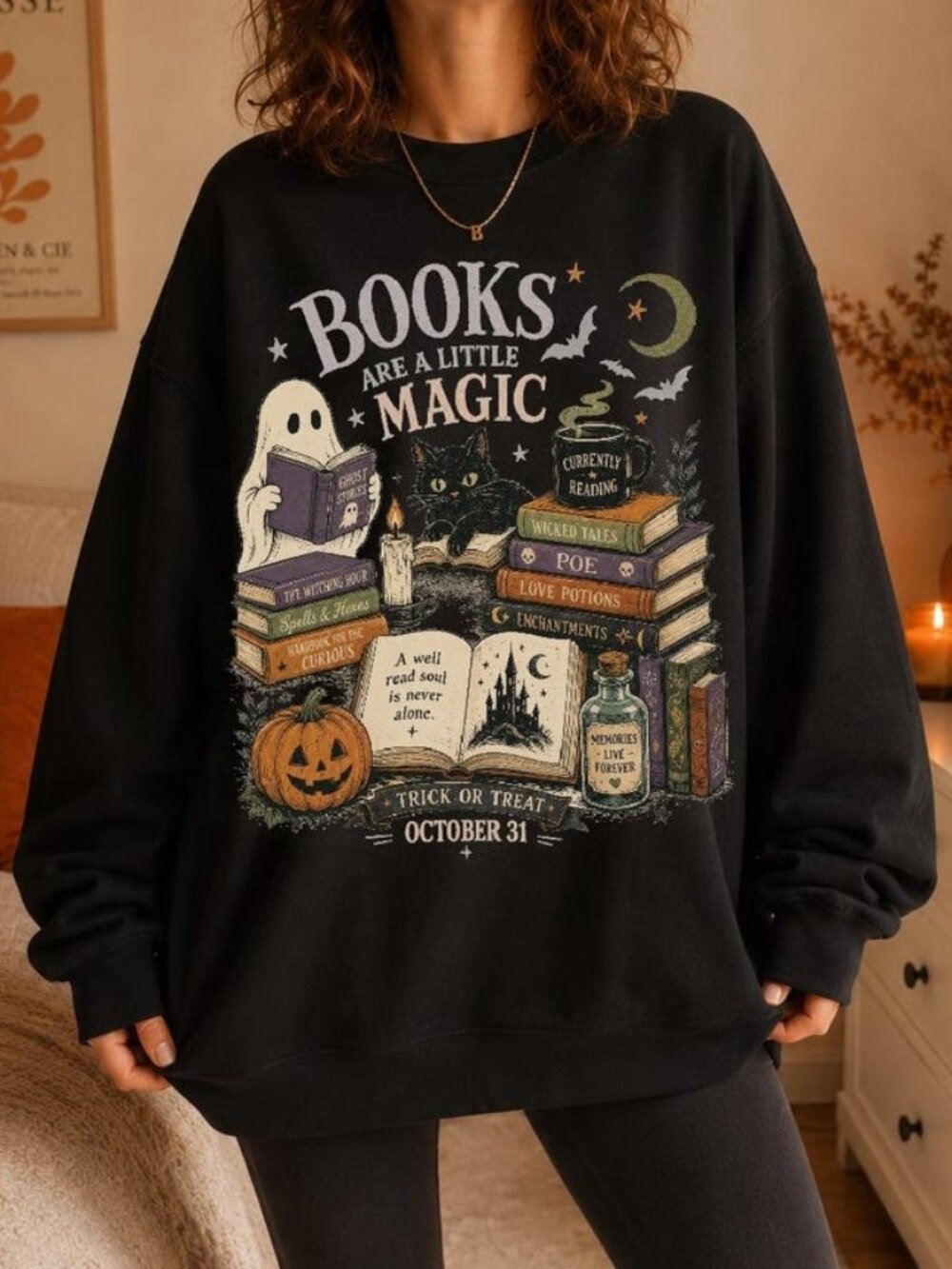 Books Are a Little Magic Sweater, Vintage 90s Halloween Bookish Graphic